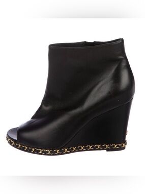 CHANEL Wedge Ankle Boots with Gold Chain Trim!